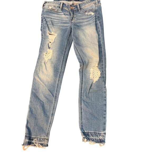 Hollister Distressed Crop Skinny Jeans Lace Fabric at Holes Leather Patch Sz 5 - Picture 1 of 7